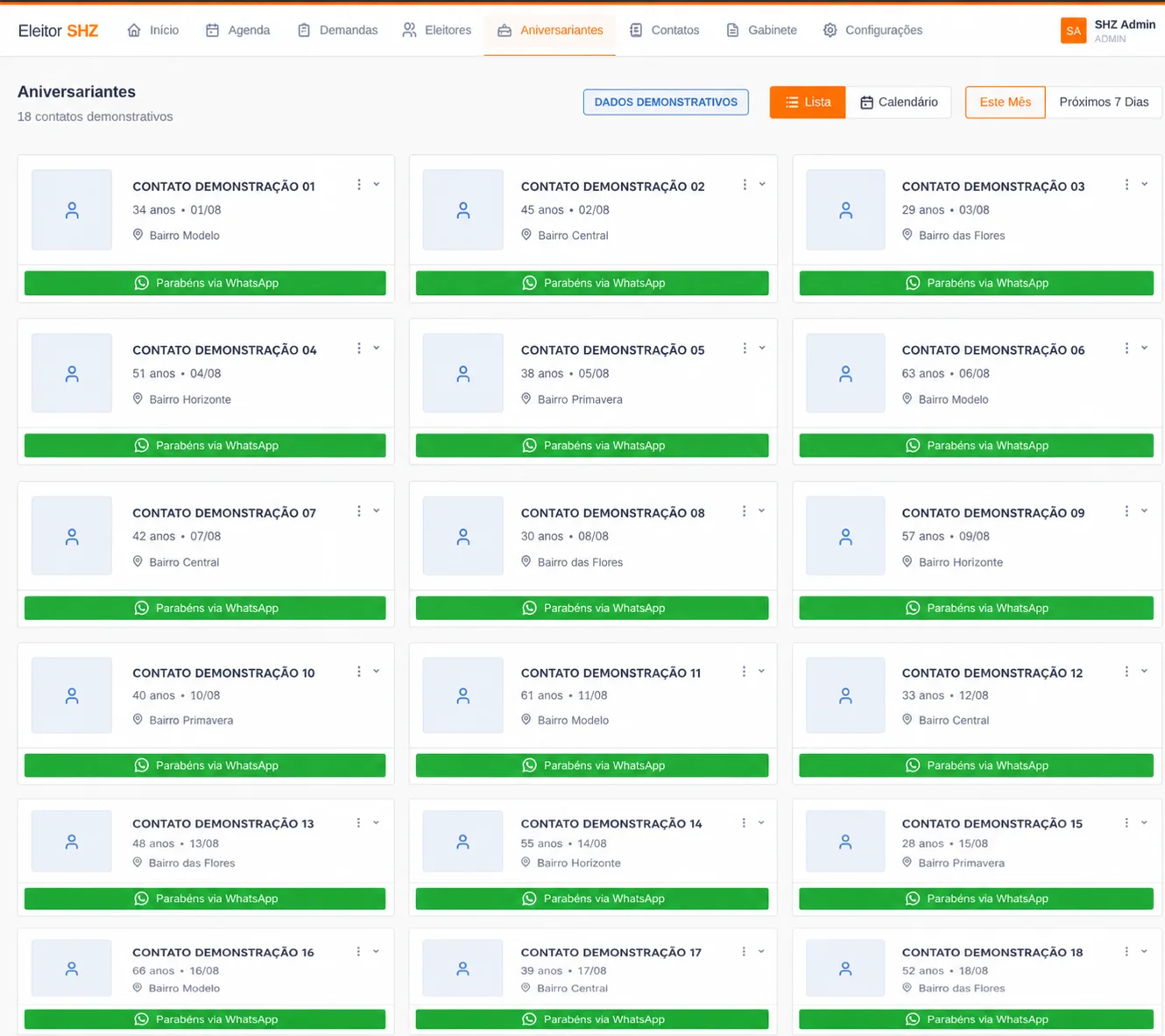 Régua demonstrativa de aniversariantes para comunicação via WhatsApp